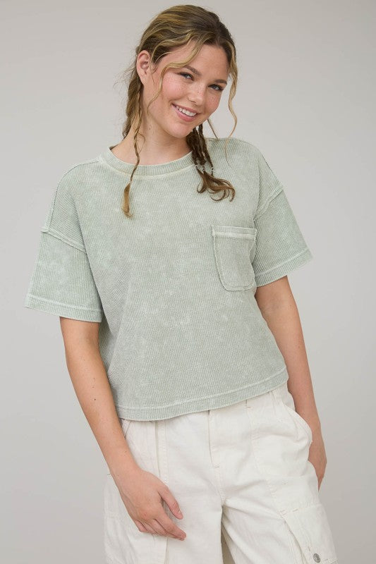 Washed Ribbed S/S Tee w/ Pocket Light Olive