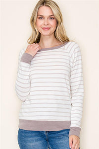 Crew Neck L/S Stripe Top Ivory/Taupe