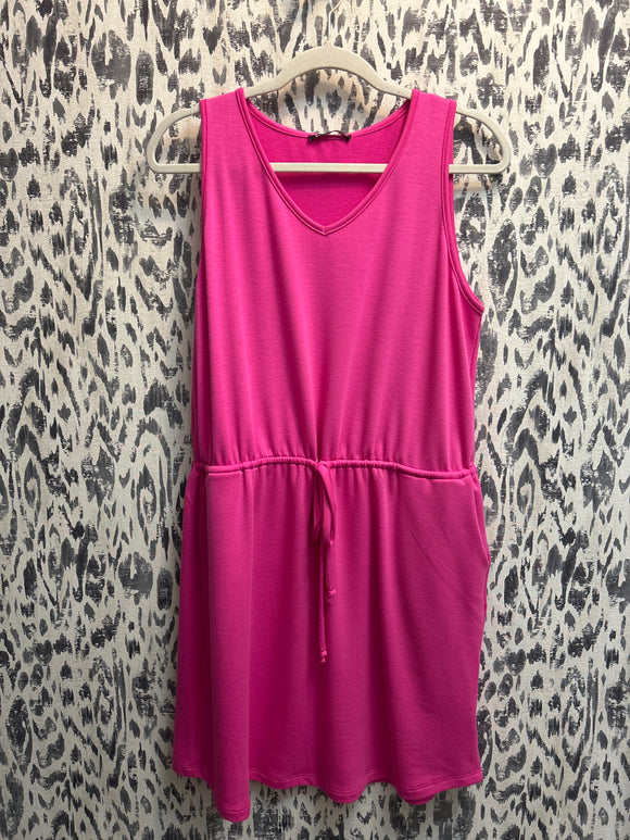 Drawstring Waist Slvless Dress w/ Pockets Fuchsia
