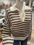 Stripe Collared L/S Crochet Sweater Mocha