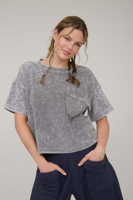 Washed Ribbed S/S Tee w/ Pocket Charcoal