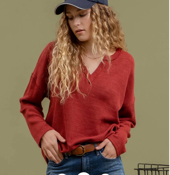 Solid Notch Neck Knit Top Maroon