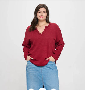 Plus Solid Notch Neck Knit Top Burgundy