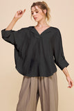 Lapel Vneck Blouse with 3/4 Sleeves