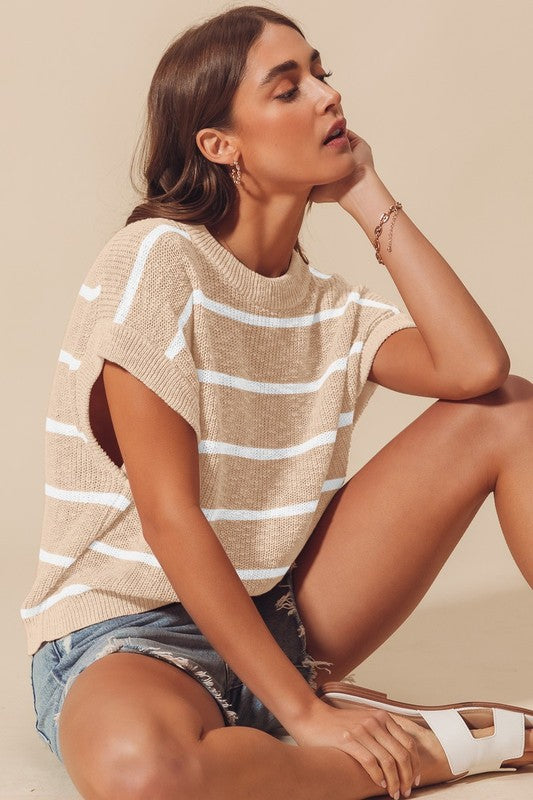 Stripe Dolman Lightweight Sweater Oatmeal