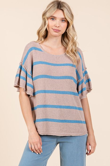 Striped Ruffle Slv Sweater Blue