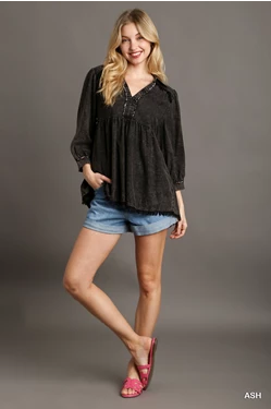 Mineral Wash Babydoll Top w/ Fray Edge Ash