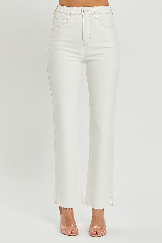 High Rise Straight Jean w/ Side Slit Cream