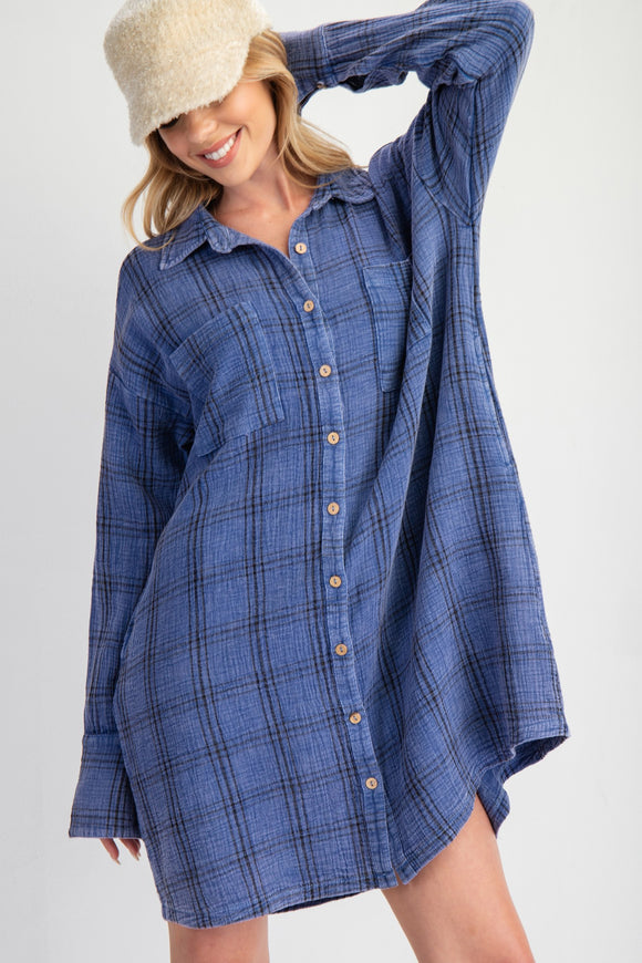 L/S Plaid Mineral Wash Dress Paris Blue