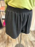 Linen Shorts w/ Curved Hem Detail Black