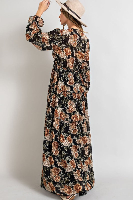 Woven Vneck Floral Tiered Maxi Dress