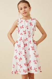 Girls Flower Print Ruffle Shoulder Dress